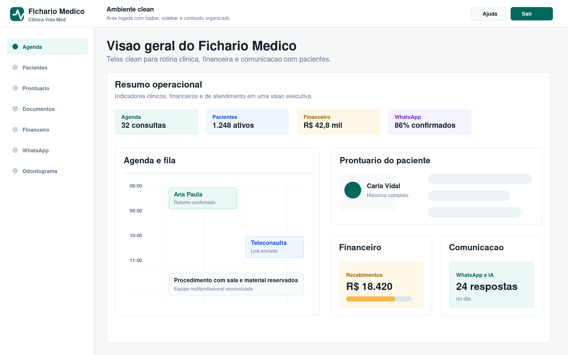 Telas clean do Fichário Médico com módulos clínicos, financeiros e comunicação