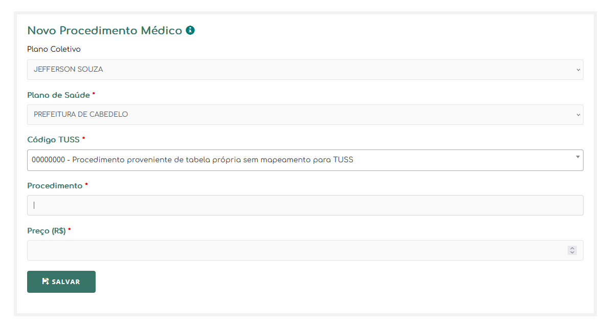 Cadastro de procedimentos TUSS no Fichário Médico